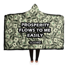Load image into Gallery viewer, wealth money affirmation hooded blanket  outer silky smooth micro-mink polyester face. For the inside you can choose from an ultra soft microfiber fleece lining, or a premium plush 100% polyester sherpa lining
